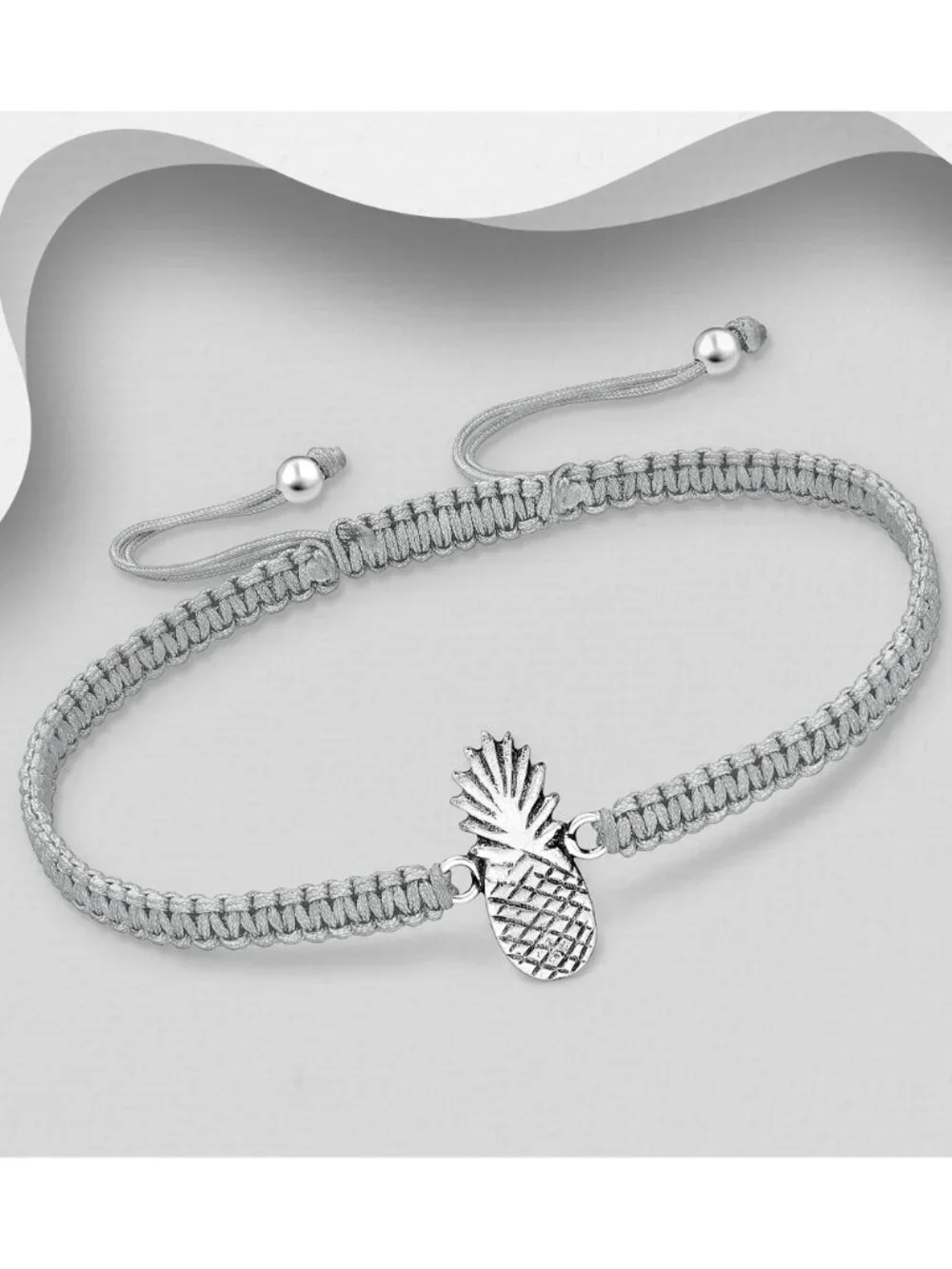 925 Sterling Silver Oxidized Pineapple with Adjustable Thread Bracelet